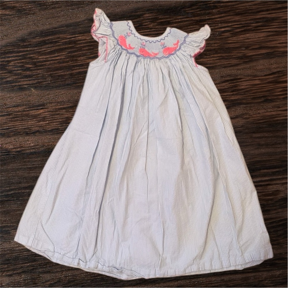 Shrimp & Grits Kids Blue and White Striped Seersucker Smocked Dress